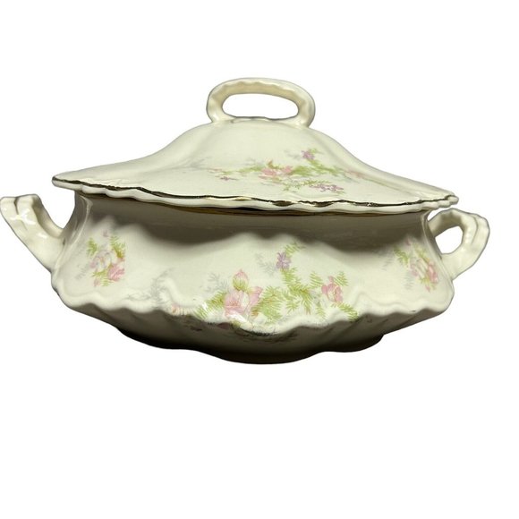 Vintage 1940s Homer Laughlin Jean Republic Soup Tureen Pink Purple Floral USA - Picture 4 of 13